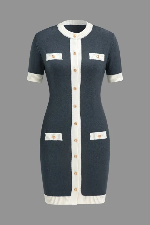 MICAS Knit Dresses-Knitted Contrast Short Sleeve Button Dress STEEL
