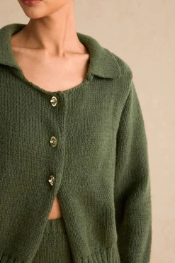 MICAS Knitwear|Knit Tops-Knitted Metallic Button Long-Sleeve Top DARK GREEN