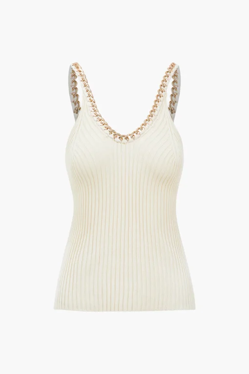 MICAS Knitwear|Knit Tops-Knitted Metallic Chain Detail Tank Top BEIGE