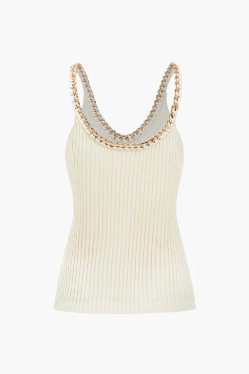 MICAS Knitwear|Knit Tops-Knitted Metallic Chain Detail Tank Top BEIGE