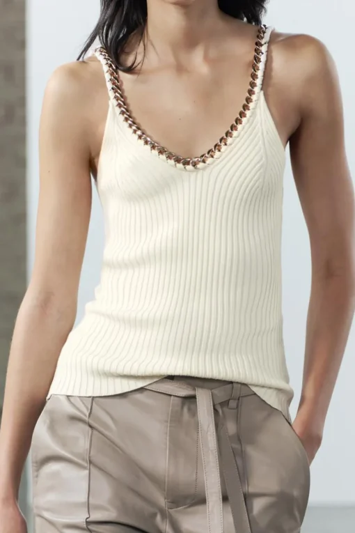 MICAS Knitwear|Knit Tops-Knitted Metallic Chain Detail Tank Top BEIGE