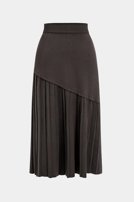 MICAS Knitwear|Knit Bottoms-Knitted Pleated High Waist Skirt COFFEE