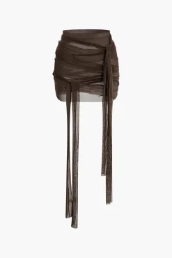 MICAS Skirt Sets|Vacation Sets-Knot Tie Halter Mesh Tank Top And Mini Skirt Set COFFEE