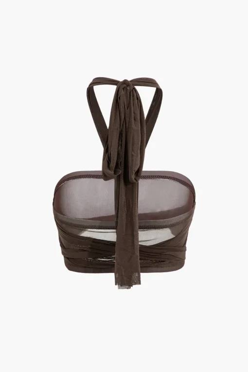 MICAS Skirt Sets|Vacation Sets-Knot Tie Halter Mesh Tank Top And Mini Skirt Set COFFEE