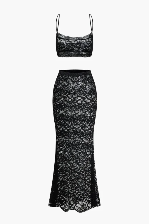 MICAS Skirt Sets-Lace Crop Top And High-Waisted Skirt Set BLACK