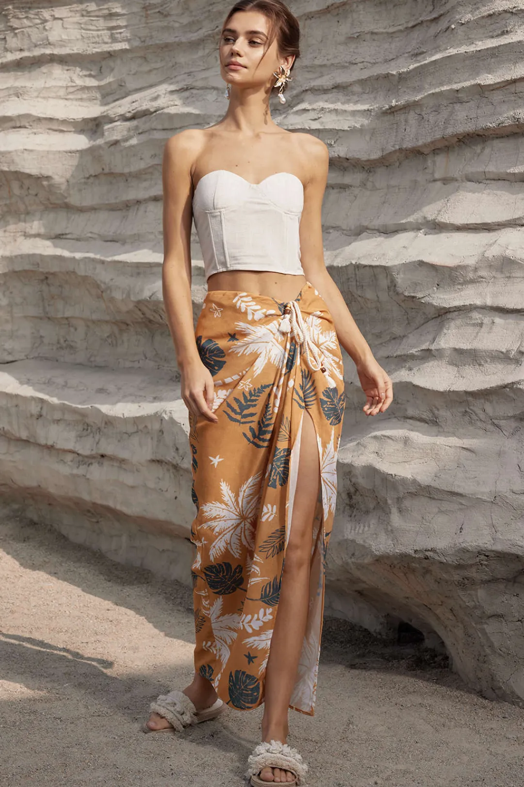 MICAS Skirts-Leaves Print Knot Split Cover-Up Maxi Skirt MULTICOLOR