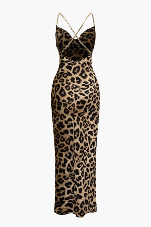 MICAS Maxi Dresses-Leopard Print Cross Chain Cowl Neck Slit Slip Maxi Dress LIGHT BROWN