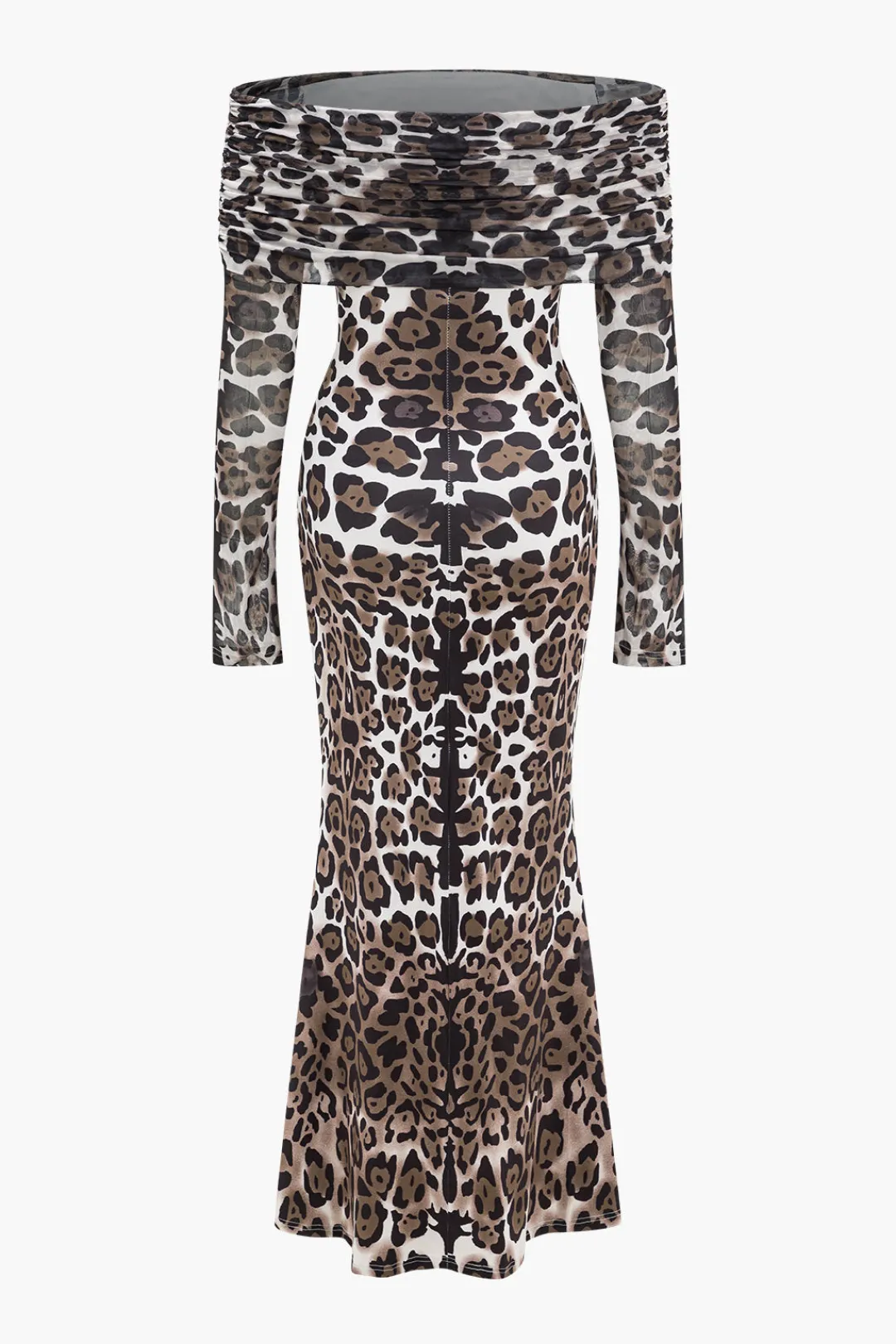 MICAS Long Sleeve Dresses|Maxi Dresses-Leopard Print Mesh Off Shoulder Long Sleeve Maxi Dress Contrast Color