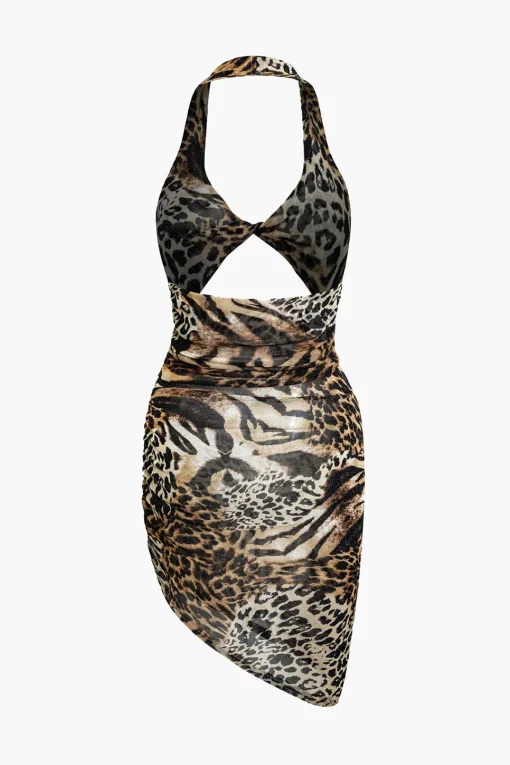 MICAS Midi Dresses-Leopard Print Twist Halter Backless Midi Dress Contrast Color