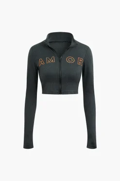 MICAS Skirt Sets-Letter Embroidered Rib Knit Stand Collar Zipper Crop Cardigan And Pleated Mini Skirt Set GRAY