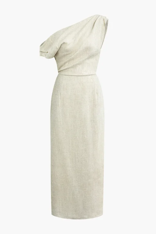 MICAS Midi Dresses-Linen Ruched Slit Midi Dress BEIGE