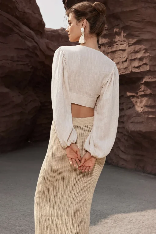 MICAS Long Sleeve Tops|Long Sleeves Tops-Linen V-neck Knot Ruched Crop Blouse BEIGE