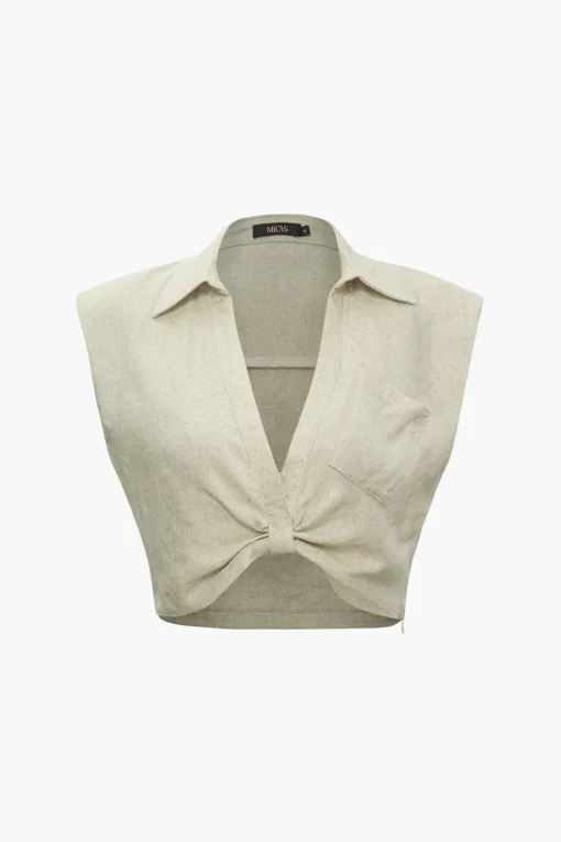 MICAS Blouses & Shirts-Linen V-neck Twist Hem Sleeveless Top BEIGE