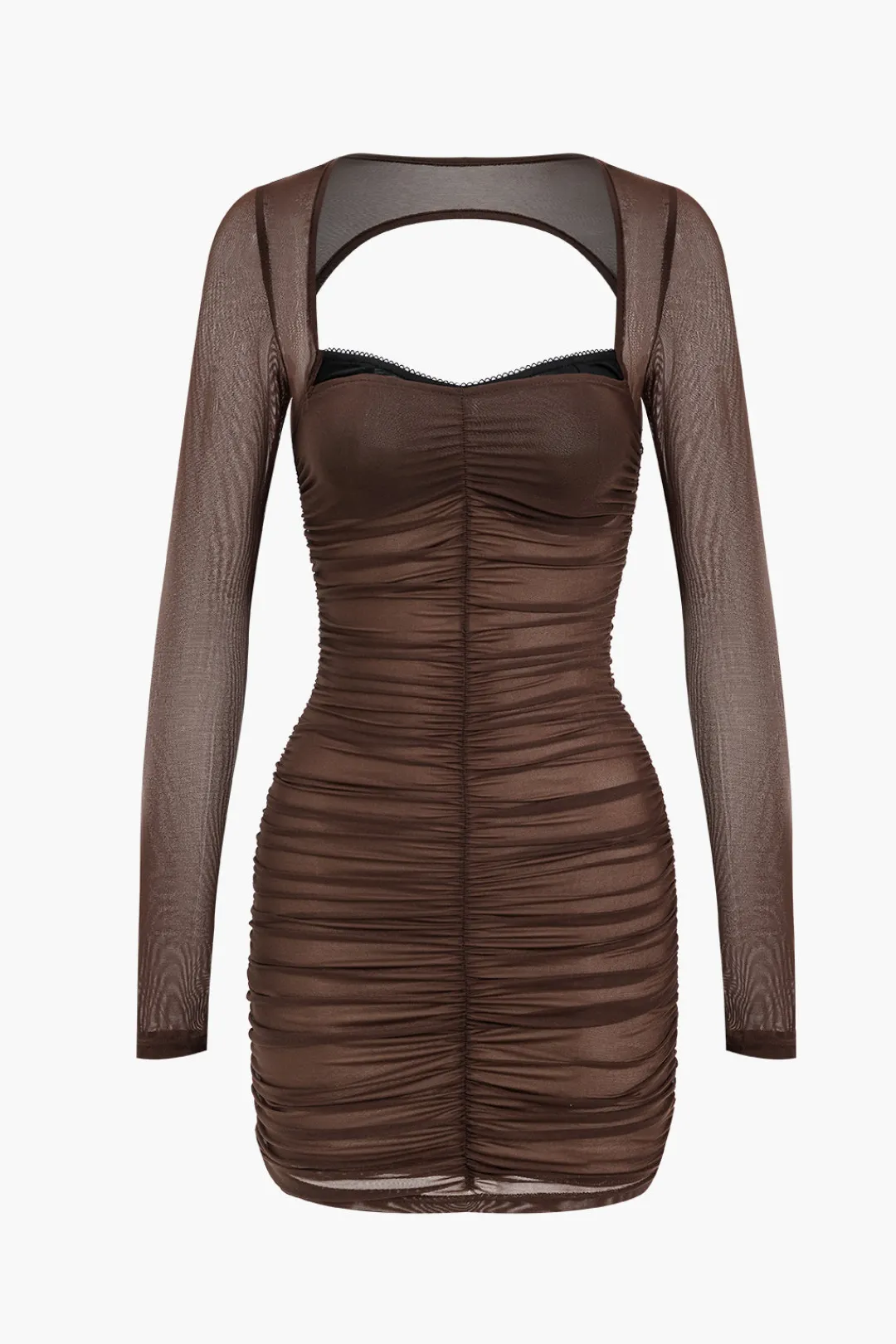 MICAS Long Sleeve Dresses|Mini Dresses-Mesh Backless Long Sleeve Mini Dress BROWN