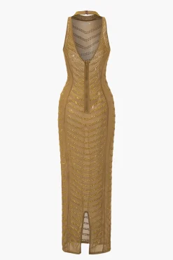 MICAS Maxi Dresses-Mesh Backless Sheer Rhinestone Maxi Dress PURE GOLD
