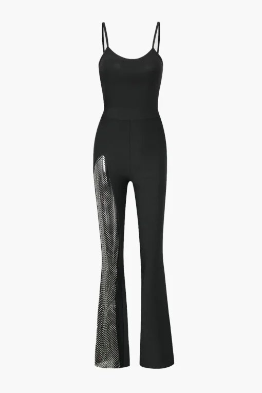 MICAS Jumpsuits & Rompers-Mesh Panel Flared Leg Jumpsuit BLACK
