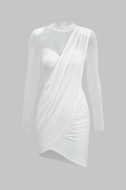 MICAS Mini Dresses|Long Sleeve Dresses-Mesh Patchwork Long Sleeve Sheer Mini Dress WHITE
