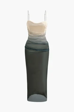 MICAS Maxi Dresses-Mesh Ruched Cami Maxi Dress