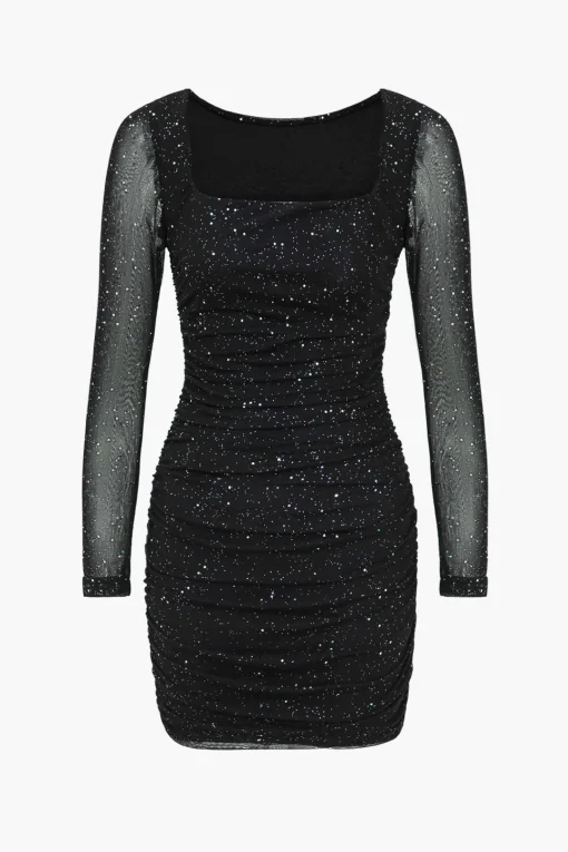 MICAS Mini Dresses|Long Sleeve Dresses-Mesh Ruched Long Sleeve Square Neck Mini Dress BLACK