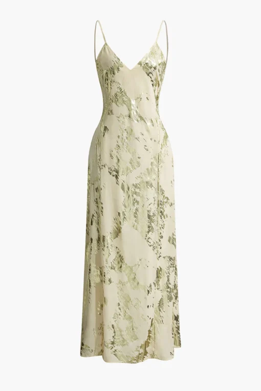 MICAS Maxi Dresses-Metallic Print V-neck Backless Slip Maxi Dress