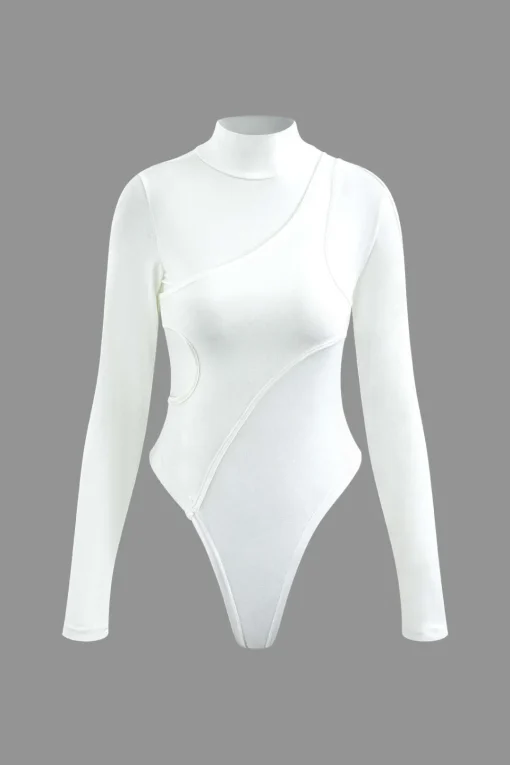 MICAS Bodysuits-Mock Neck Asymmetric Paneled Cut Out Bodysuit WHITE