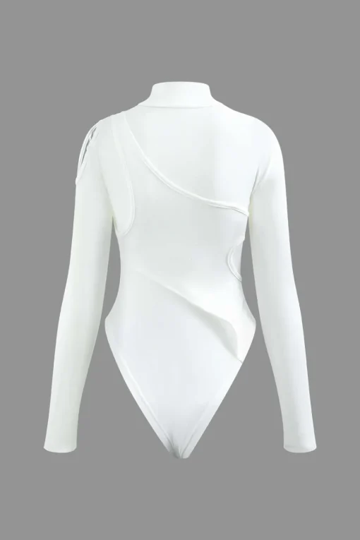 MICAS Bodysuits-Mock Neck Asymmetric Paneled Cut Out Bodysuit WHITE