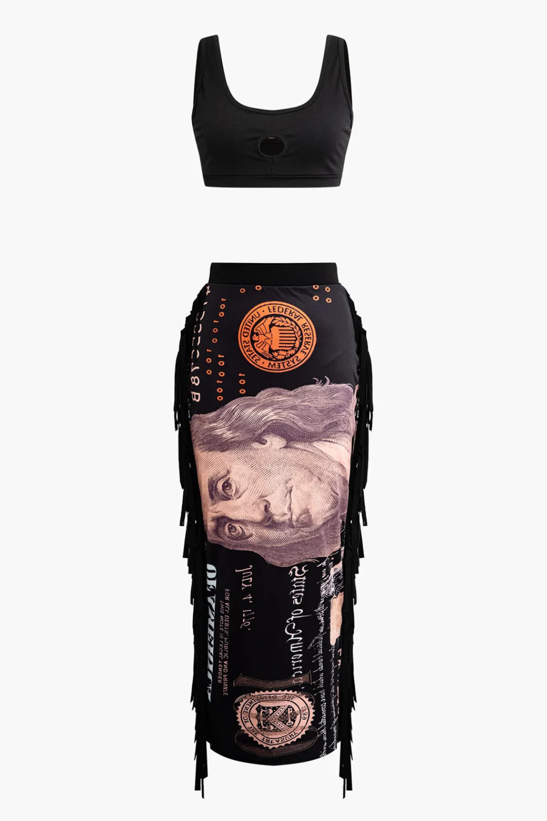 MICAS Skirt Sets-Money Pattern Tassel Skirt Set BLACK