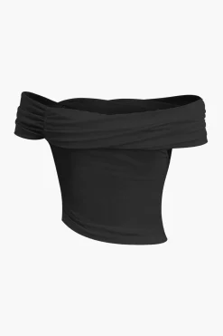 MICAS T-Shirts-Off Shoulder Asymmetric Short Sleeve Blouse