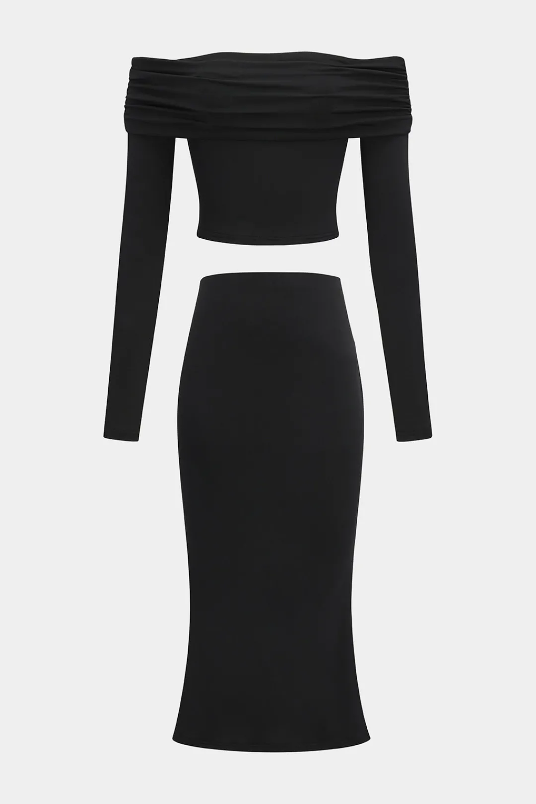 MICAS Skirt Sets-Off Shoulder Long Sleeve Top And Skirt Set BLACK