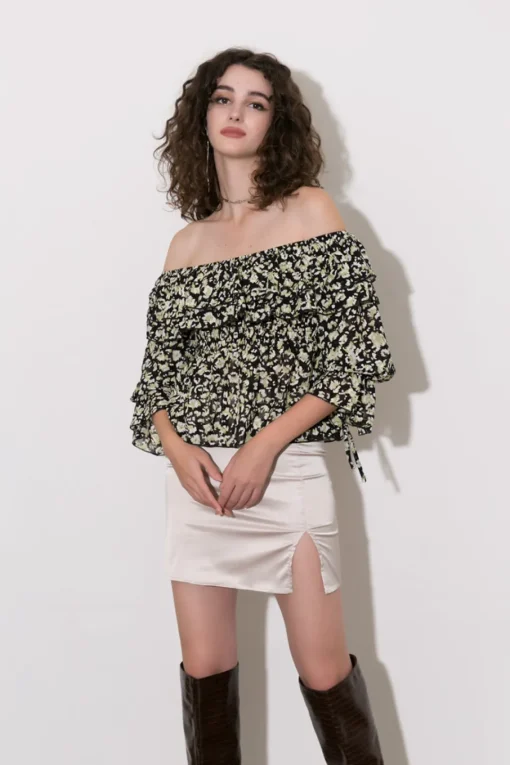 MICAS Long Sleeve Tops|Long Sleeves Tops-Off-The-Shoulder Chiffon Peplum Top BLACK