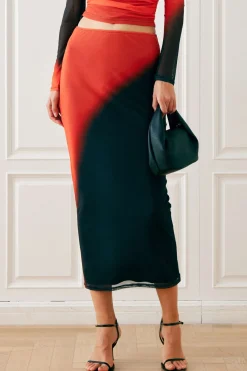 MICAS Skirts-Ombre Mesh Midi Skirt Contrast Color