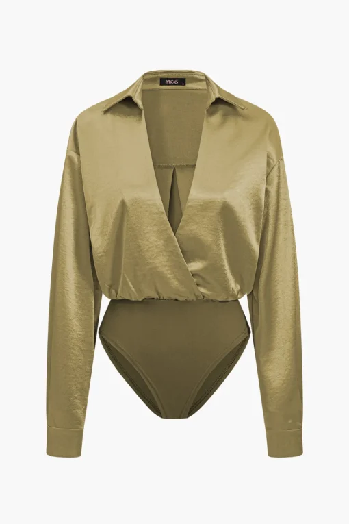 MICAS Bodysuits-Patchwork Long Sleeve Satin Bodysuit