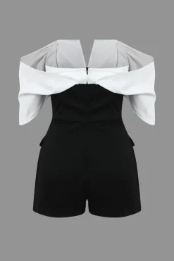 MICAS Jumpsuits & Rompers-Patchwork Off Shoulder V-Shaped Romper BLACK