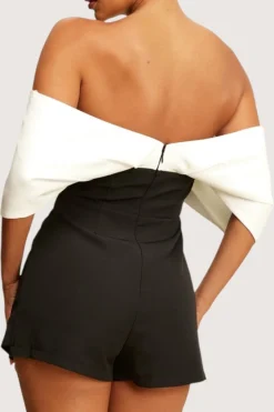 MICAS Jumpsuits & Rompers-Patchwork Off Shoulder V-Shaped Romper BLACK