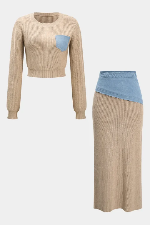 MICAS Knitwear|Knit Tops-Patchwork Pocket Sweater Long-Sleeve Top TAN
