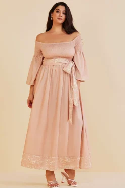 MICAS Long Sleeve Dresses-Plus Size Off Shoulder Smocked Maxi Dress With Belt KHAKI