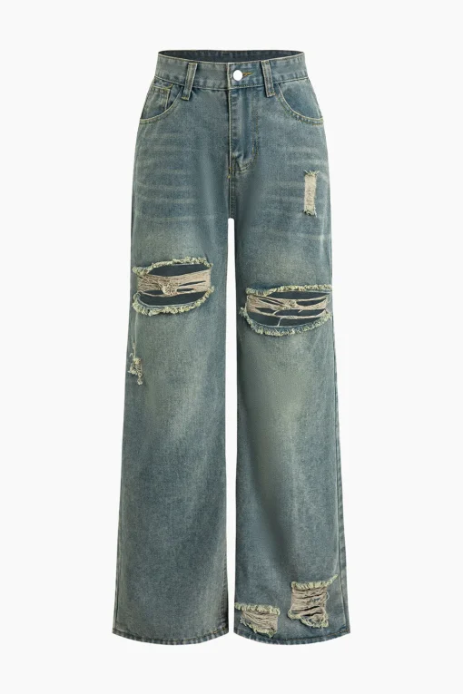 MICAS Jeans-Retro Print Washed Ripped Asymmetrical Jeans LIGHT WASH BLUE