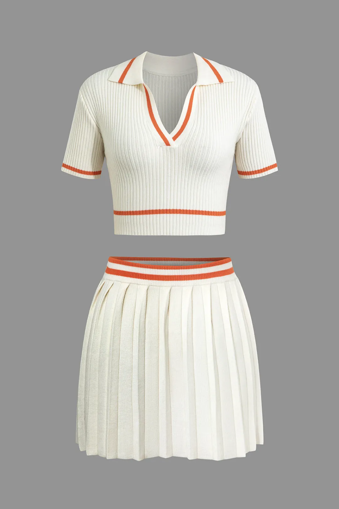 MICAS Vacation Sets|Knit Sets-Ribbed Knit Polo Top And Pleated Skirt Set Contrast Color