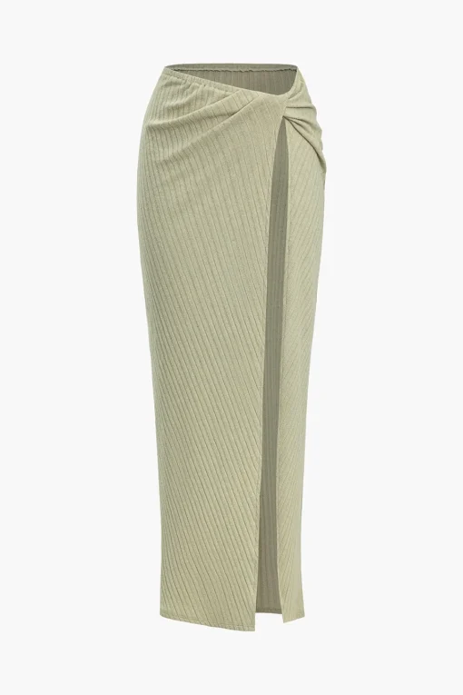 MICAS Skirt Sets-Ribbed V-Neck Bodysuit And High-Slit Midi Skirt Set WHEAT