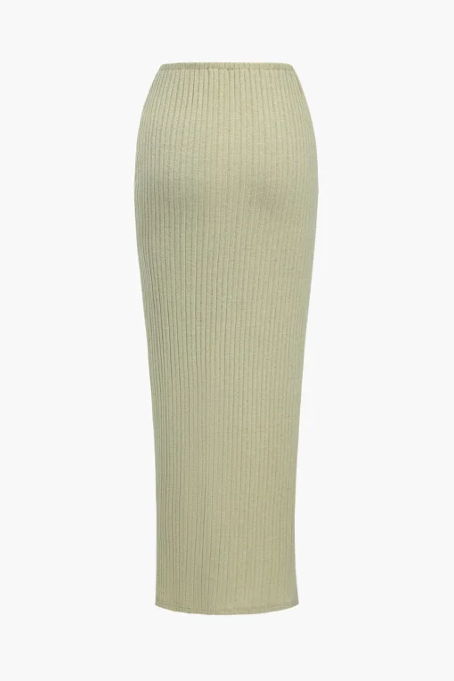 MICAS Skirt Sets-Ribbed V-Neck Bodysuit And High-Slit Midi Skirt Set WHEAT