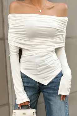 MICAS Long Sleeve Tops|Long Sleeves Tops-Ruched Asymmetrical Off Shoulder Long-Sleeve Top WHITE