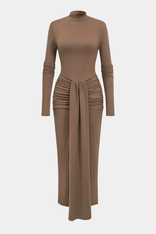 MICAS Long Sleeve Dresses|Maxi Dresses-Ruched Detail Long Sleeve Maxi Dress KHAKI