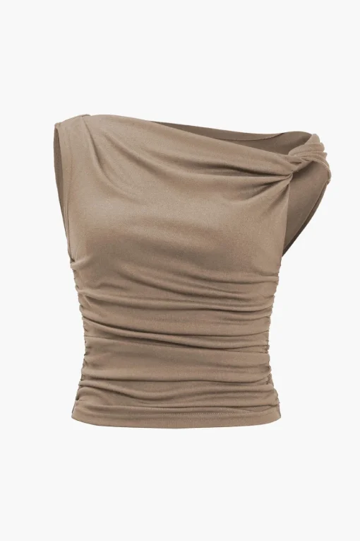 MICAS T-Shirts-Ruched Knot One-Shoulder Sleeveless Top
