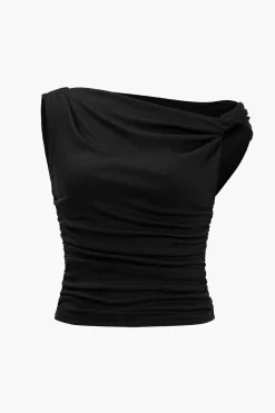 MICAS T-Shirts-Ruched Knot One-Shoulder Sleeveless Top