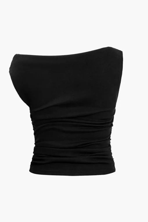 MICAS T-Shirts-Ruched Knot One-Shoulder Sleeveless Top