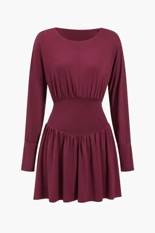 MICAS Mini Dresses|Long Sleeve Dresses-Ruched Long Sleeve Retro Mini Dress BURGUNDY
