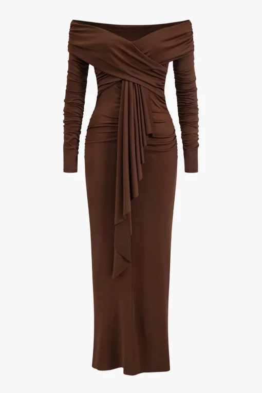 MICAS Long Sleeve Dresses|Maxi Dresses-Ruched Off Shoulder Drape Detail Maxi Dress