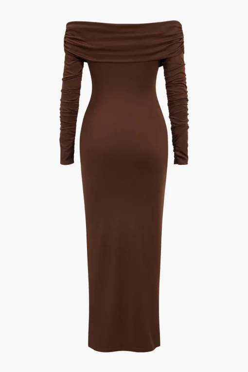 MICAS Long Sleeve Dresses|Maxi Dresses-Ruched Off Shoulder Drape Detail Maxi Dress