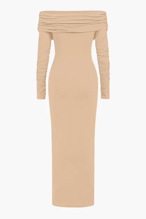 MICAS Long Sleeve Dresses|Maxi Dresses-Ruched Off Shoulder Drape Detail Maxi Dress