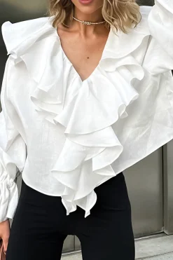 MICAS Long Sleeve Tops|Long Sleeves Tops-Ruffle Long-Sleeve Shirt WHITE